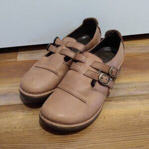 Tan Dansko Leather and Suede Buckled Slip-on Flats